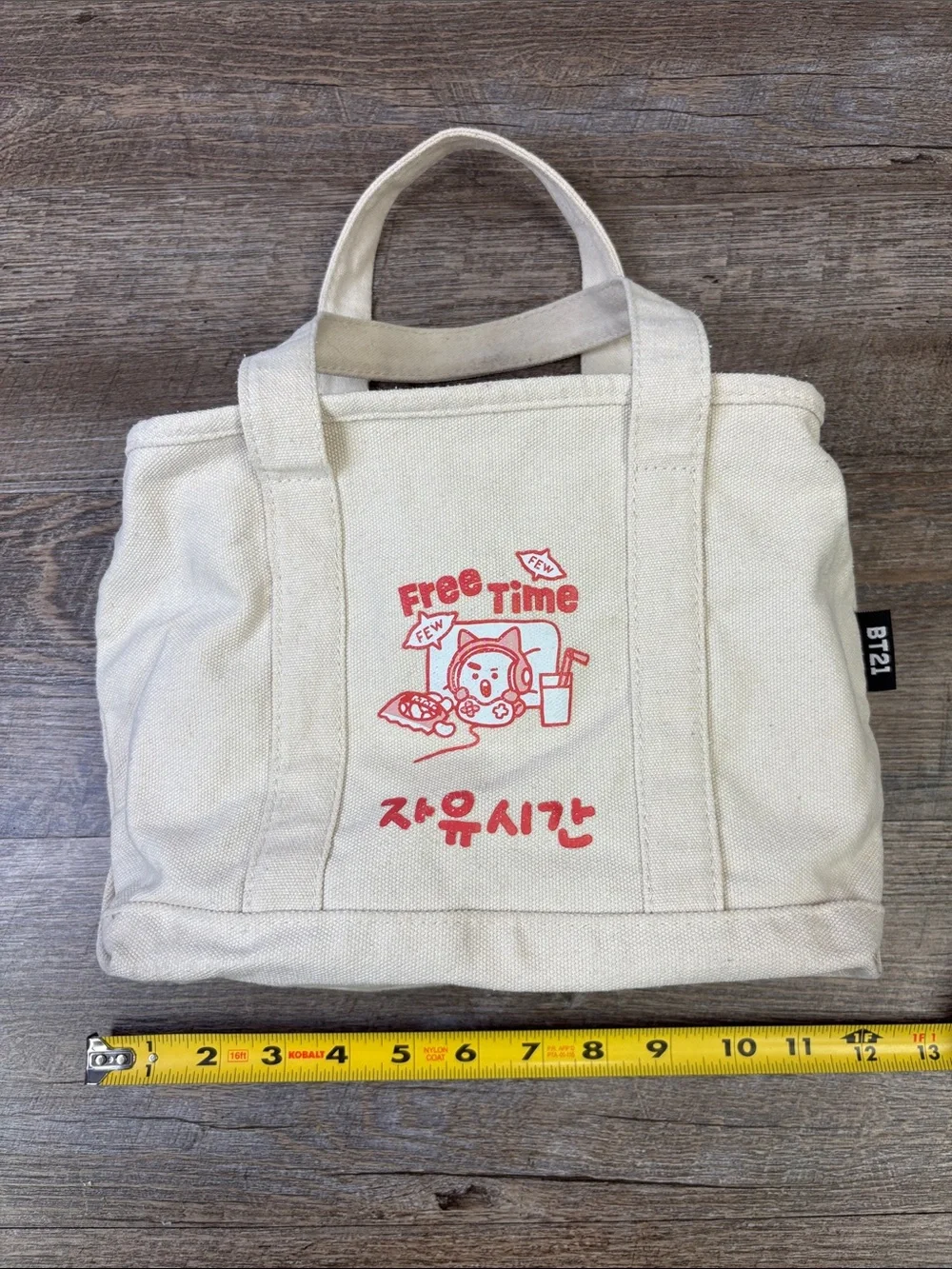 BT21 Free Time Korean Graphic Canvas Zip Tote Bag Cream Red Kawaii